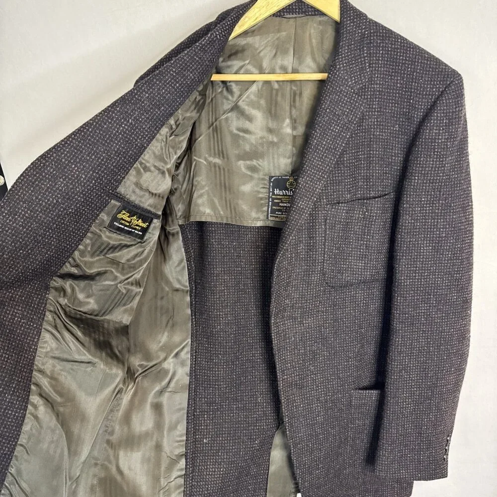Harris Tweed Men 44 Reg Handwoven Sport Coat Brown Houndstooth 2 Button Wool 60s